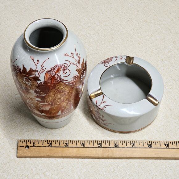 VTG Chinese Phoenix Vase Ashtray Set Gold Gilt Glaze Fenghuang Chinoiserie - Picture 7 of 11